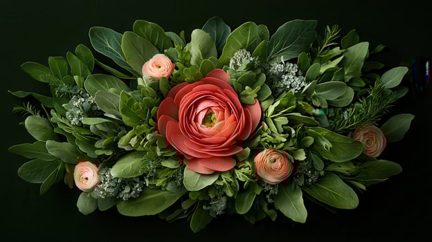 Stunning Coral Ranunculus Flower Arrangement with Lush Green Foliage A Vibrant Floral Design photo