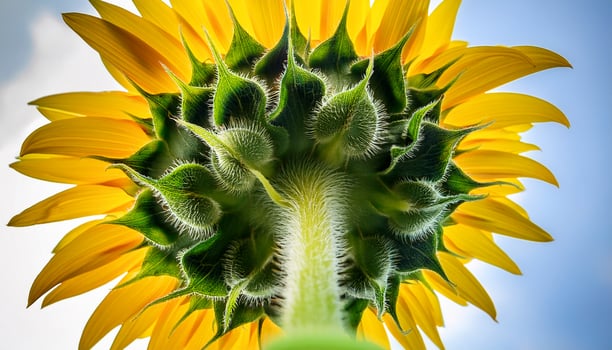 Bright Sunflower Viewed From Below Showing Green Leaves and Vibrant Yellow Petals Against a Clear Blue Sky photo