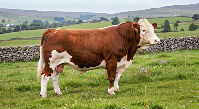 A cow standing in a field with a hill in the background photo