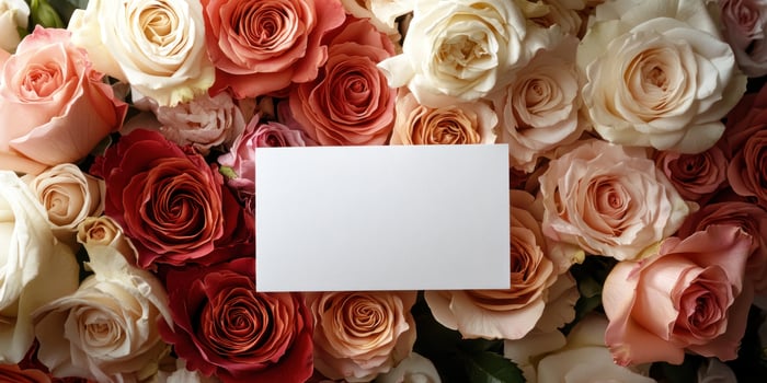 Dreamy romantic floral arrangement with roses and blank card for wedding invitation design photo