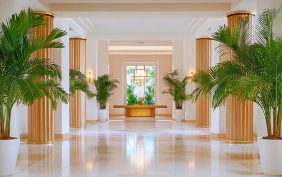 Dramatic giant ferns frame an elegant corridor in a luxurious interior setting photo