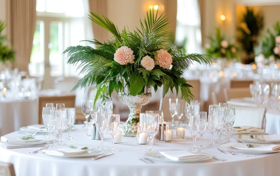 Elegant wedding reception setup featuring beautifully arranged centerpieces and fine dining elements photo