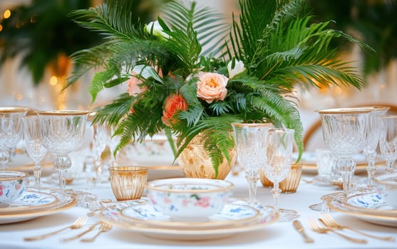 Elegant wedding reception table adorned with lush floral arrangements and vintage tableware in a historic venue photo