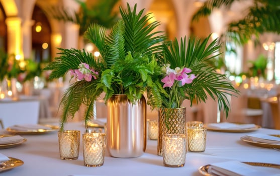 Stylish event featuring prehistoric themes with elegant decor and lush greenery in a grand venue photo