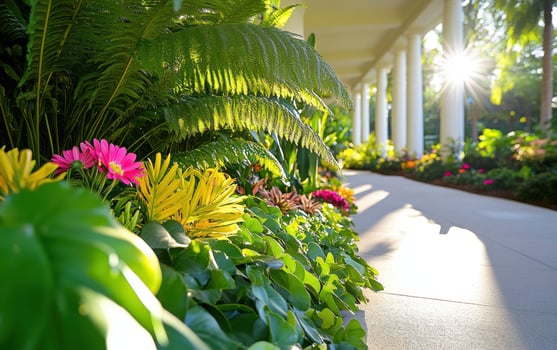 Lush modern garden featuring vibrant flowers and sunlight streaming through foliage at a serene pathway photo