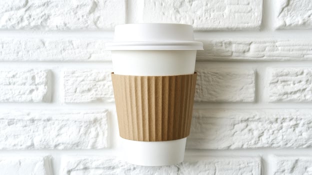 Disposable coffee cup with cardboard sleeve against white brick wall photo