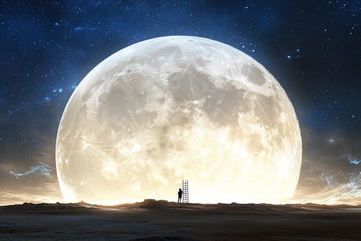 A man stands on a ladder looking at the moon photo