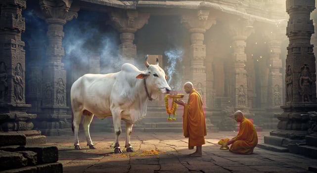 A man is feeding a cow in a temple photo