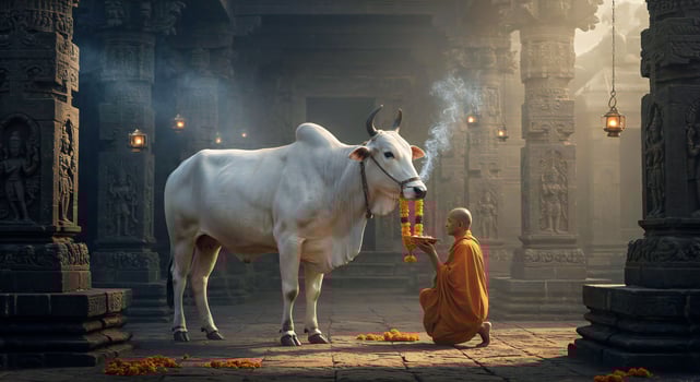 A monk is kneeling down next to a cow photo
