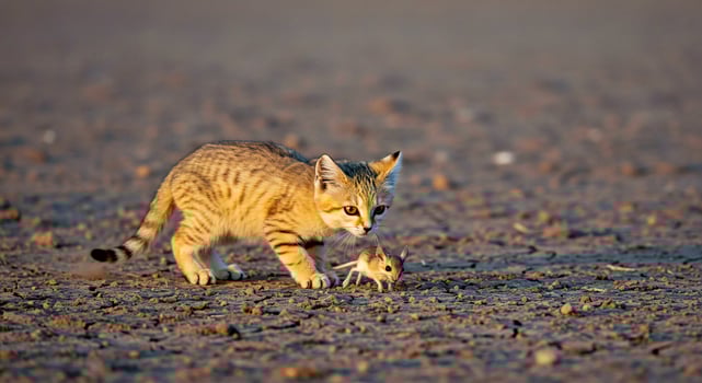A kitten walking on a dirt field with a mouse photo