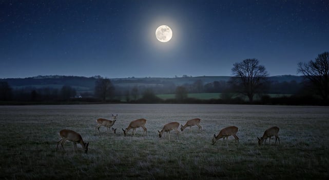 Deer grazing in a field at night with a full moon photo