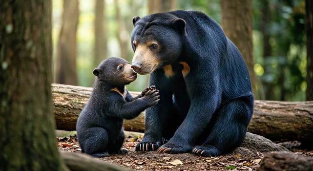 A mother bear and her cub in the forest photo