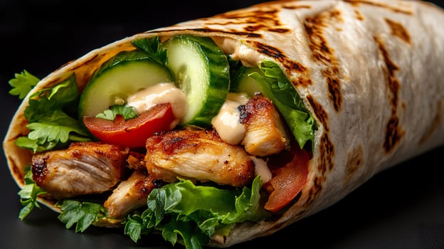A wrap with chicken, lettuce and tomatoes photo