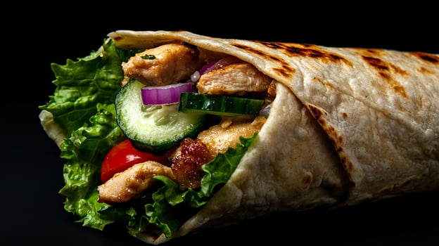A wrap with chicken, lettuce, tomatoes and cucumbers photo