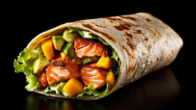 A wrap with chicken, avocado and lettuce photo