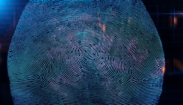 Unique Fingerprint Pattern Illuminated With Vibrant Colors in a Digital Environment Showcasing Intricate Details photo