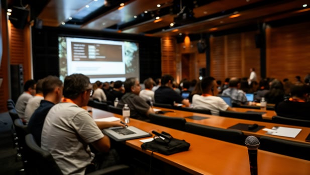Attendees in a large conference hall, focused on a presentation photo