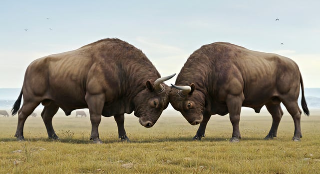Two large brown bulls fighting in a field photo