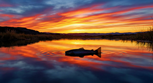 A fish is floating in the water at sunset photo