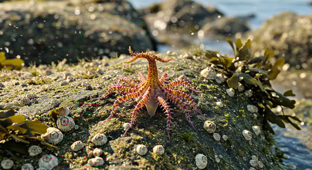 A red octopus is sitting on a rock in the ocean photo