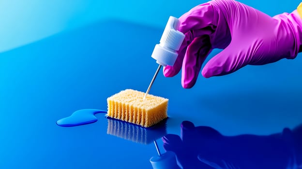 A gloved hand applying cleaning solution to a sponge on a vibrant blue surface, emphasizing cleanliness photo