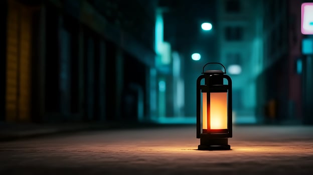 A glowing lantern illuminating a deserted alleyway at night, creating a mysterious atmosphere photo