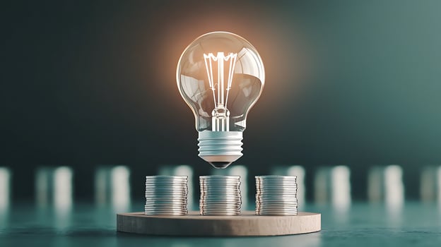 A glowing light bulb above stacks of coins, symbolizing innovative investment ideas and finance photo