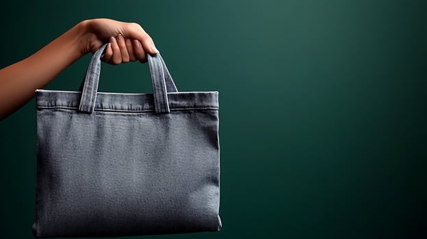 A hand holding a gray tote bag against a dark green background, showcasing modern fashion photo