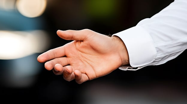 A hand reaching out in a welcoming gesture, set against a blurred urban background with traffic photo