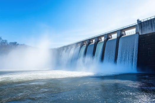 Hydroelectric Dam Generating Clean Energy and Water Flowing in Blue Sky photo