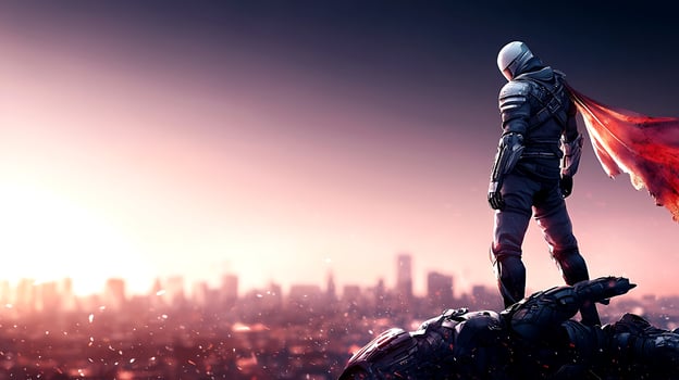 A lone figure in a futuristic suit stands atop a giant robotic hand, gazing over a sprawling city at sunset photo