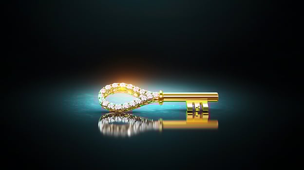 A luxurious golden key adorned with diamonds, reflecting light against a dark background photo