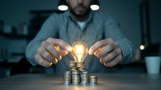 A man holding a glowing light bulb above a stack of coins in a dimly lit office setting photo