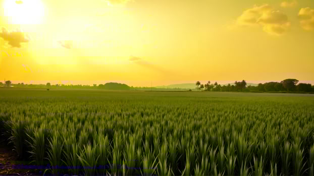 Vibrant Green Rice Field Under a Bright Yellow Sunset photo