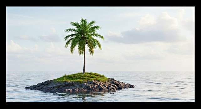 A palm tree is standing on an island in the ocean photo