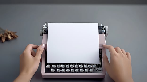 A person prepares to type on a vintage pink typewriter with a blank sheet of paper, surrounded by a serene workspace photo