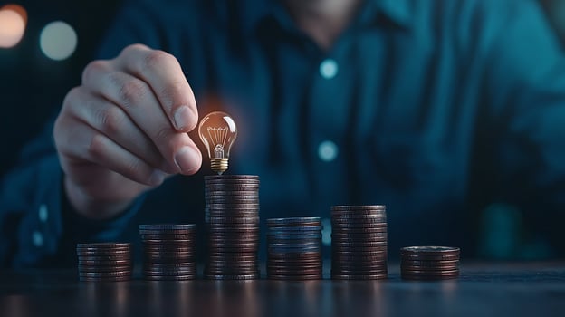 A person placing a light bulb atop a stack of coins, symbolizing innovation and investment growth at night photo