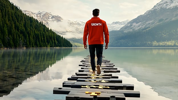 A person walking along a wooden path over a serene lake, surrounded by mountains and trees, symbolizing growth photo