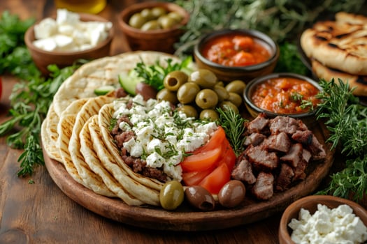 Greek mezze platter featuring grilled lamb, pita bread, feta cheese, and assorted dips photo