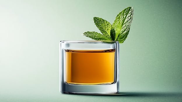 A refreshing drink served in a clear glass with mint leaves on a soft green background photo