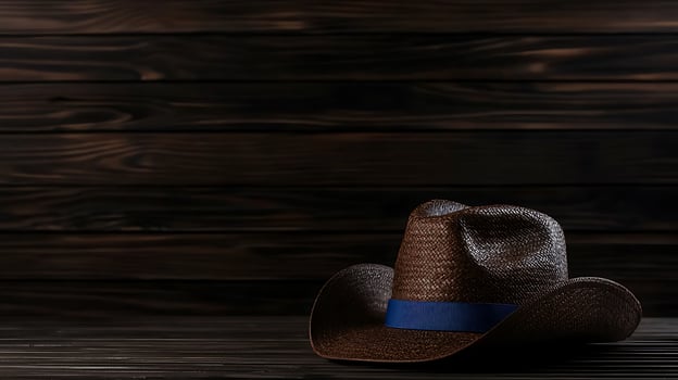 A rustic brown cowboy hat with a blue band resting on a wooden surface in a dimly lit setting photo