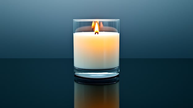 A serene candle burns softly in a glass holder against a gradient blue background photo