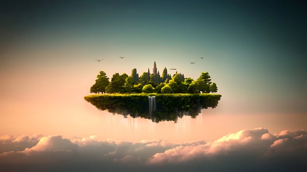 A serene floating island with lush trees and a distant castle, surrounded by clouds at sunset photo
