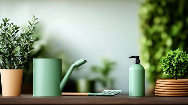 A serene indoor gardening scene featuring green watering can, plant pots, and gardening tools photo