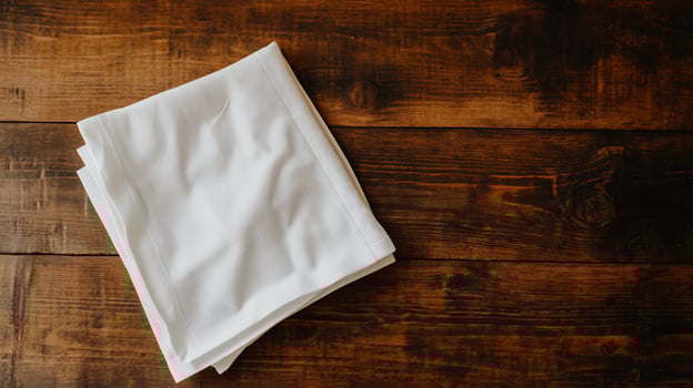 Folded white cloth napkin on a dark wooden table photo
