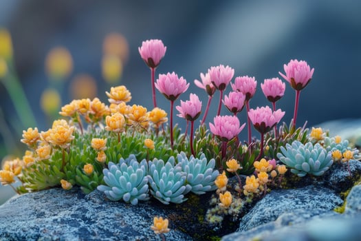 Pink and yellow flowers growing on a rock in the wild photo