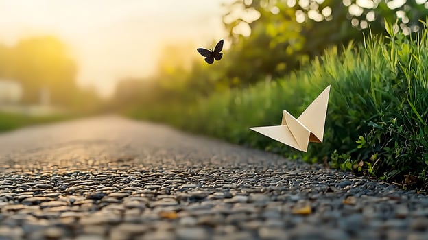 A serene scene of a paper crane and butterfly near a gravel path with greenery in the background photo