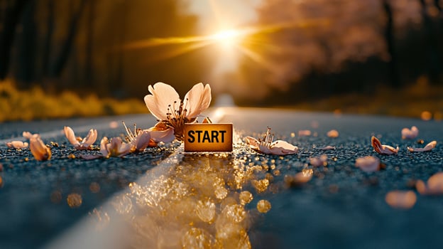 A serene road with a 'START' sign and cherry blossoms, illuminated by sunrise, symbolizing new beginnings photo