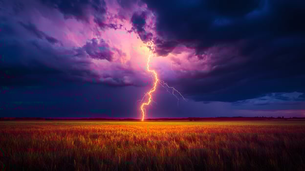 Lightning strike illuminating wheat field under dramatic sky photo