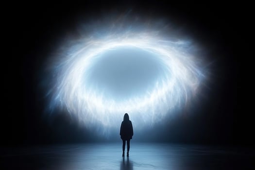 A person standing in front of a glowing light photo